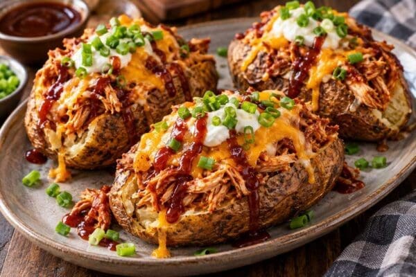Shreded Background Note Loaded BBQ Chicken Baked Potatoes - Chefs Club Kitchen